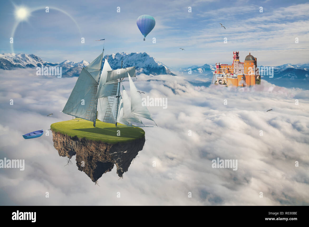 Il mistico paesaggio di montagna con un castello sulla roccia e un isola di volo Foto Stock