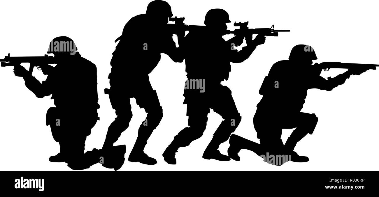 La polizia SWAT team di combattenti armati silhouette vettoriali Illustrazione Vettoriale