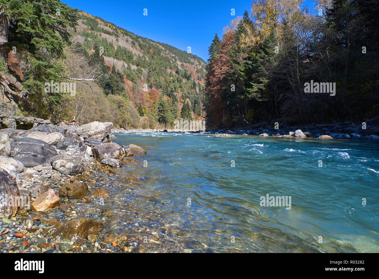 Fiume di montagna con fratture e verde acqua. Bolshoy Zelenchuk fiume. Karachay-Cherkessia, Russia. Foto Stock