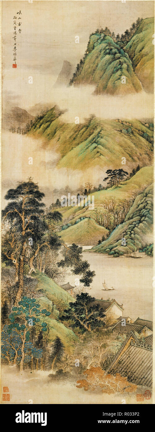 Li Yaoping, antico tempio tra monti e valli 1926 inchiostro e colore su seta, Museo dell'Arte di Hong Kong Foto Stock