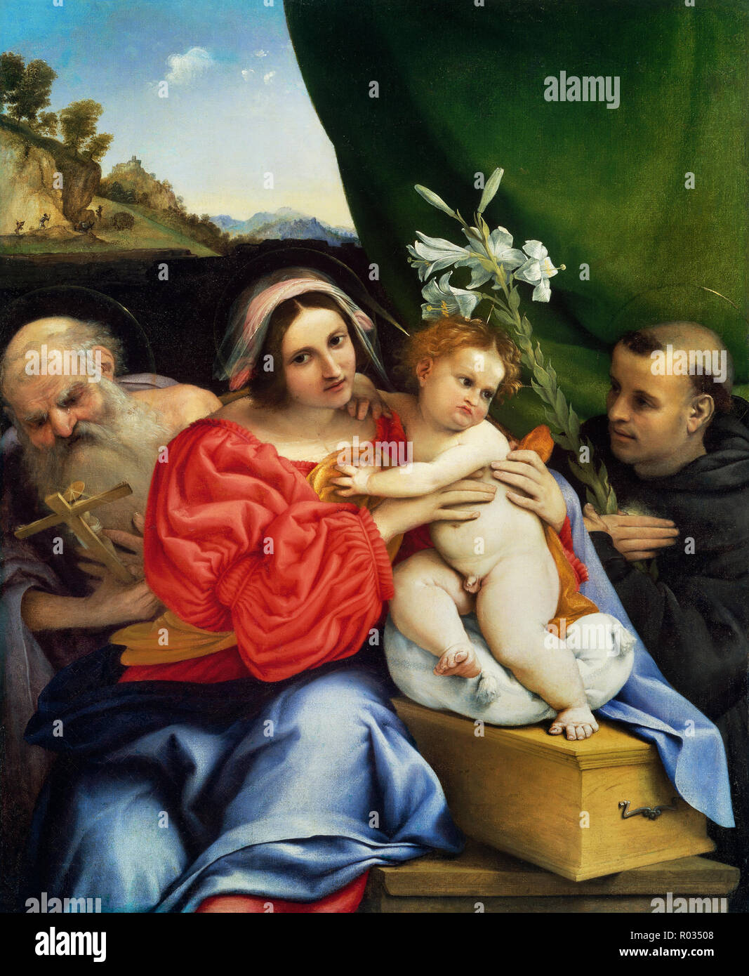 Lorenzo Lotto, la Vergine con il Bambino e i Santi Girolamo e Nicola da Tolentino, circa 1523-1524, olio su tela, il Museo delle Belle Arti di Boston, Stati Uniti d'America. Foto Stock