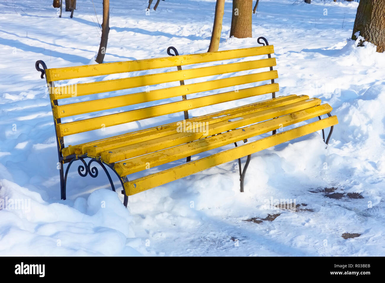 Giallo panca in legno tra le snowbanks in winter park su una soleggiata giornata di fine Foto Stock