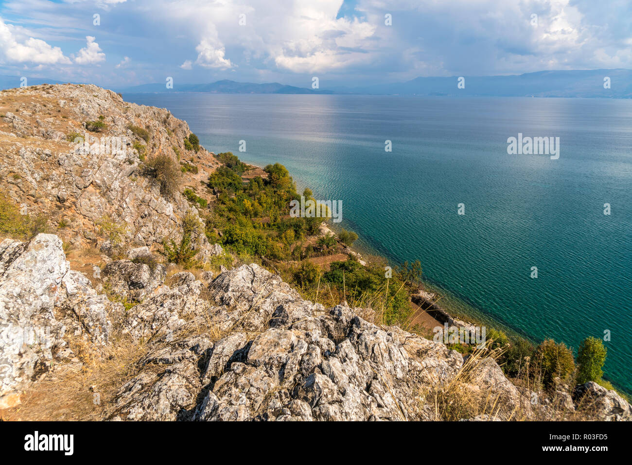 Gärten am Ufer des Ohridsee bei der Ortschaft Lin, Albanien, Europa | giardini in riva al lago di Ohrid vicino al villaggio di Lin, Albania, Europa Foto Stock