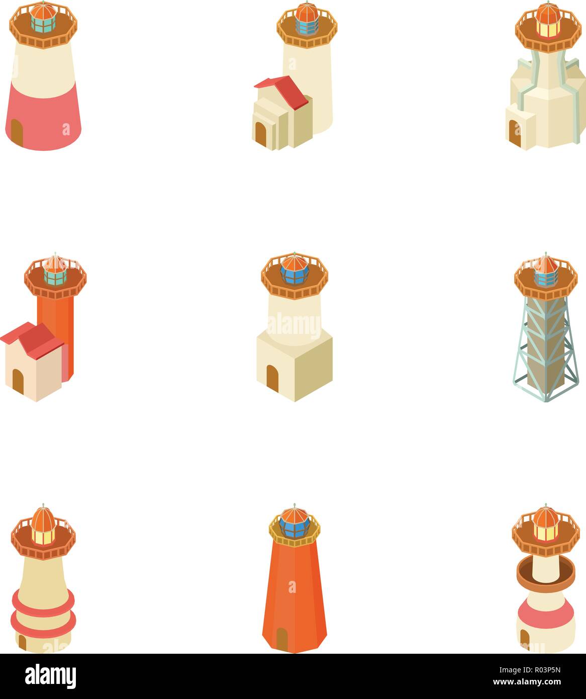Pharos il set di icone di stile isometrico Illustrazione Vettoriale
