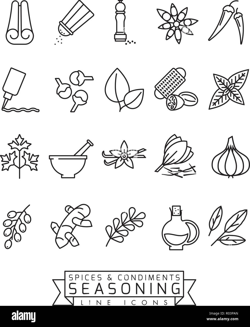 Spezie, condimenti e condimento linea del vettore icona impostare Illustrazione Vettoriale