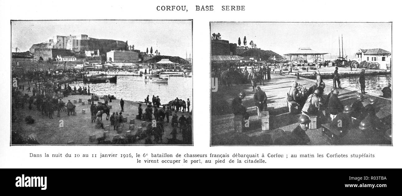 Porto di Corfù conquistata dall'esercito serbo con l aiuto del francese chasseurs 1916, Grecia Foto Stock
