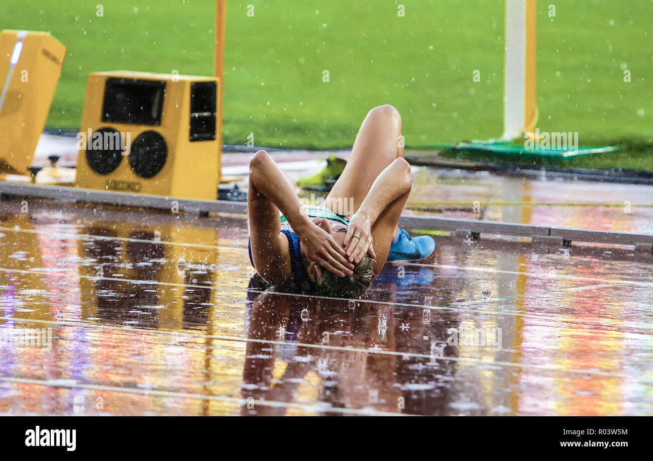 TAMPERE, Finlandia, 13 Luglio: NIAMH EMERSON (GBR), inglese via e il campo sportivo di vincere la medaglia d'oro nel heptathlon nel mondo IAAF U20 Tampe di campionato Foto Stock