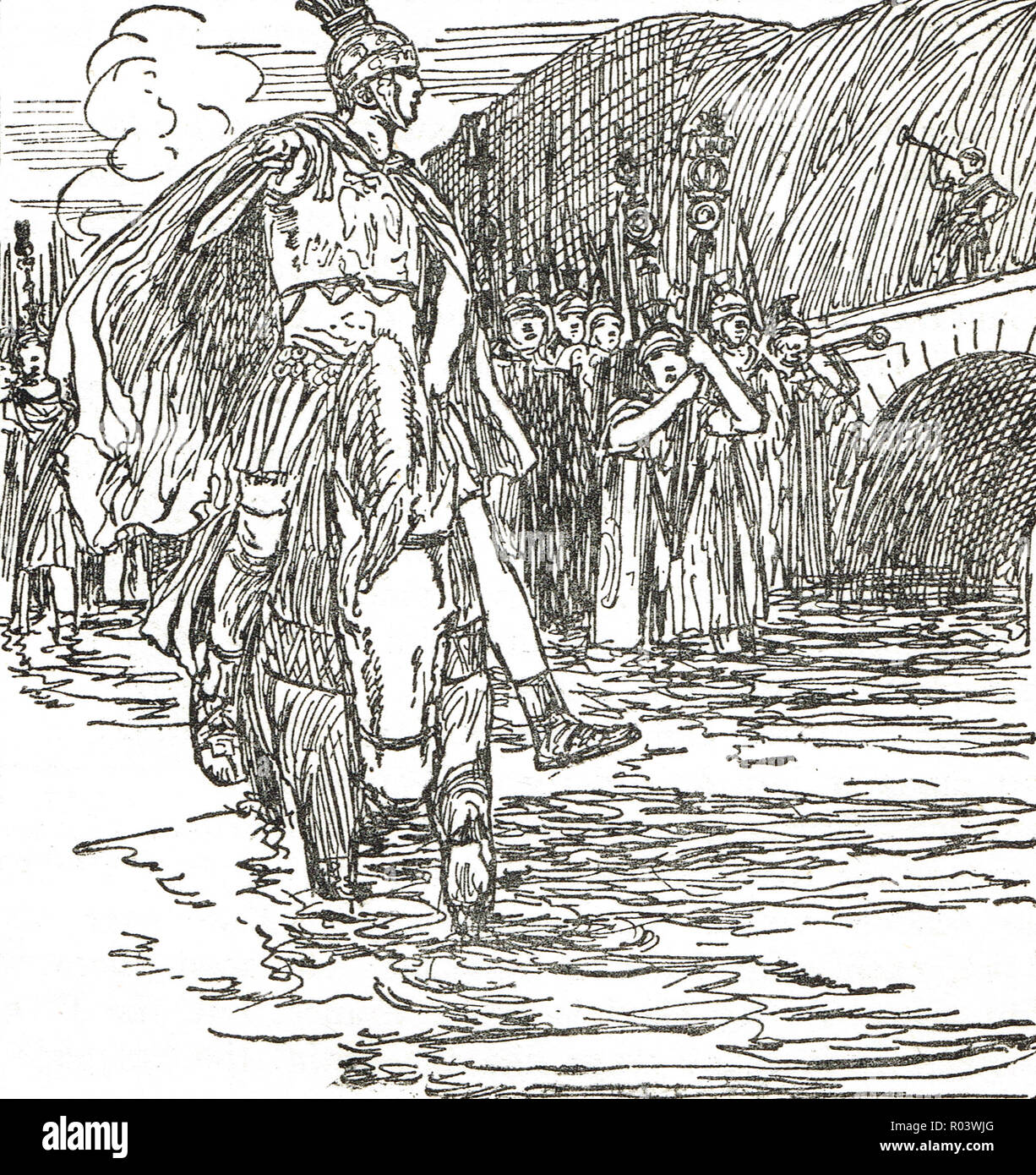 Giulio Cesare attraversando il Rubicone nel 49 A.C. Foto Stock