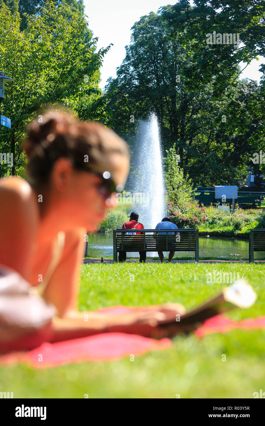 Essen, Germania, la zona della Ruhr, città giardino, giovane donna giace sul prato e legge in un libro Foto Stock