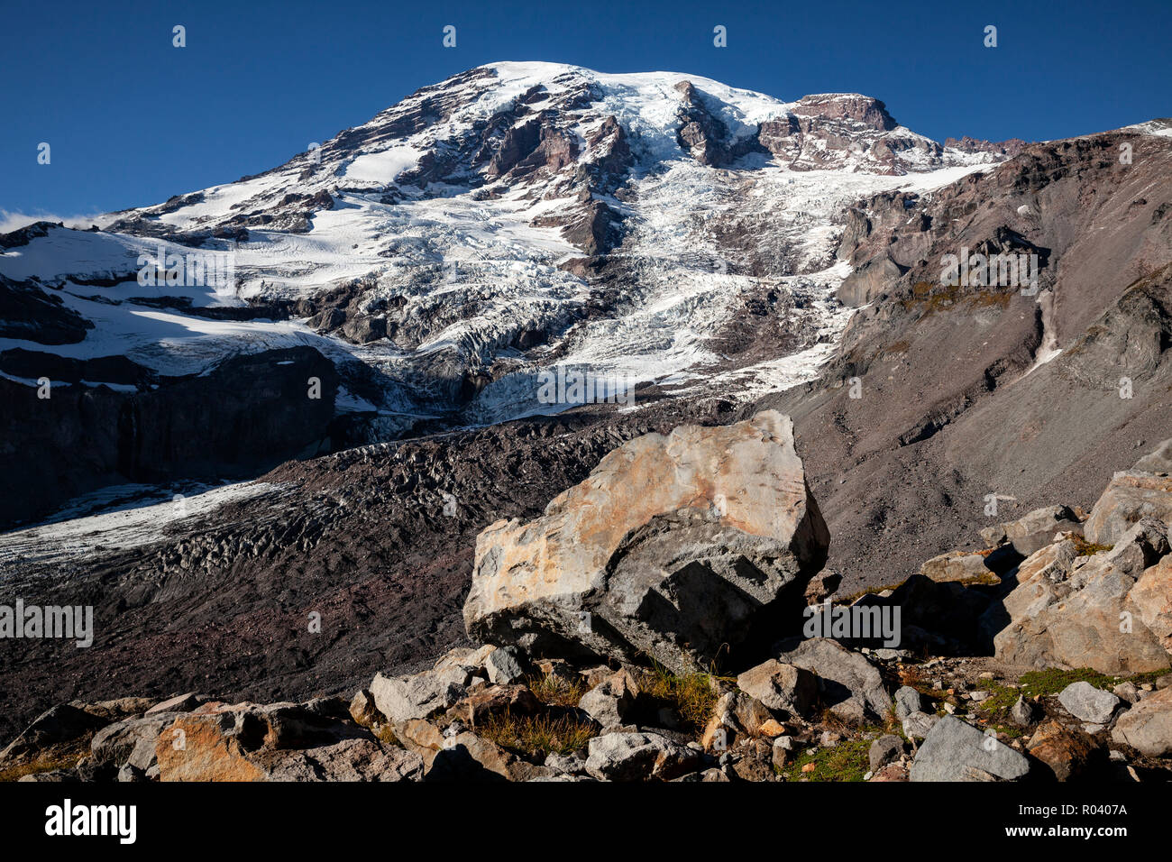 WA17009-00...WASHINGTON - Mount Rainier visto dal ghiacciaio Vista nel paradiso area del monte Rainier National Park. Foto Stock