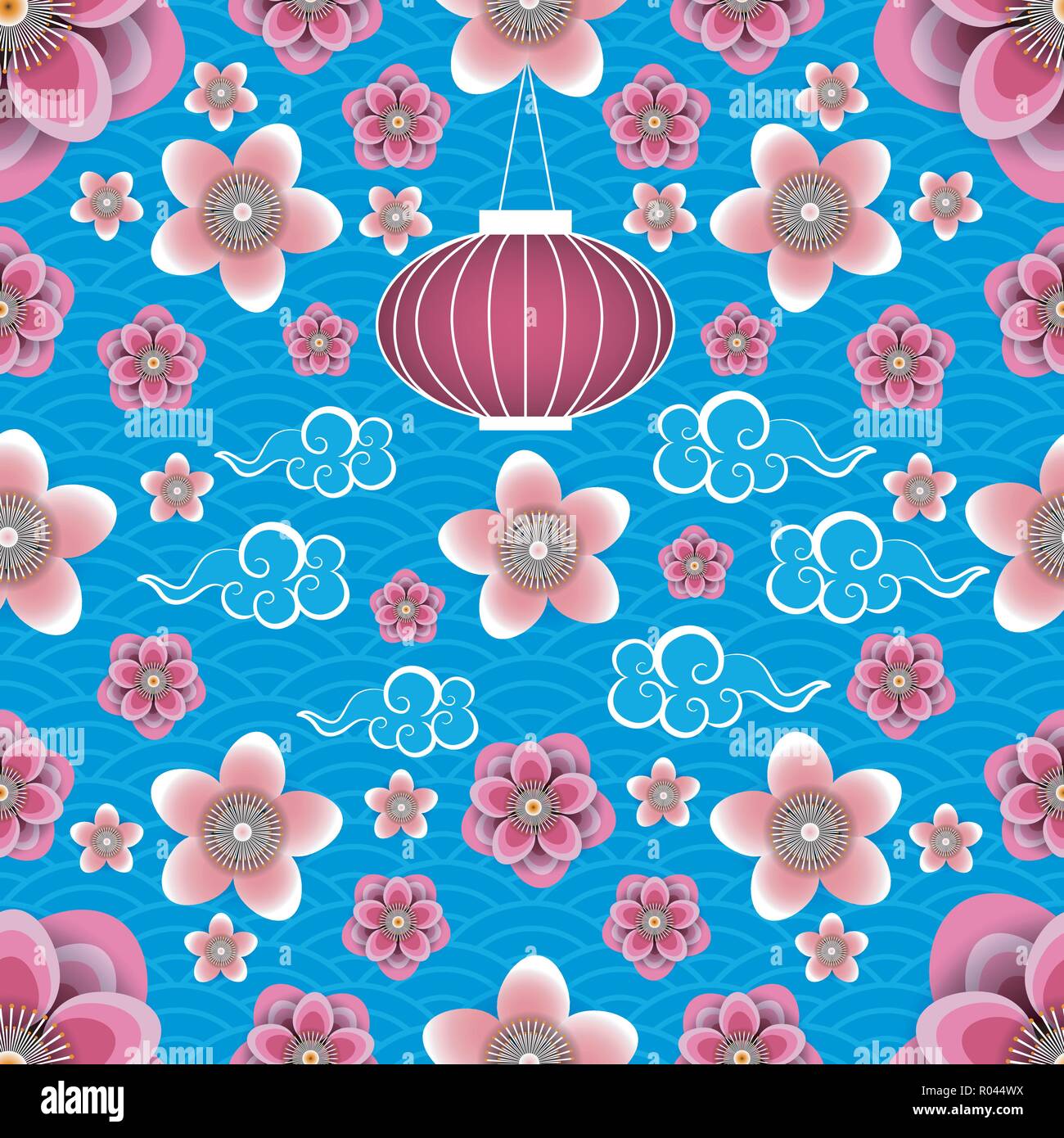 Anno Nuovo Cinese. Lanterna cinese cinese, nuvole, susina e pesca fiori. Sfondo blu con il pattern. Modello senza giunture. Illustrazione Vettoriale