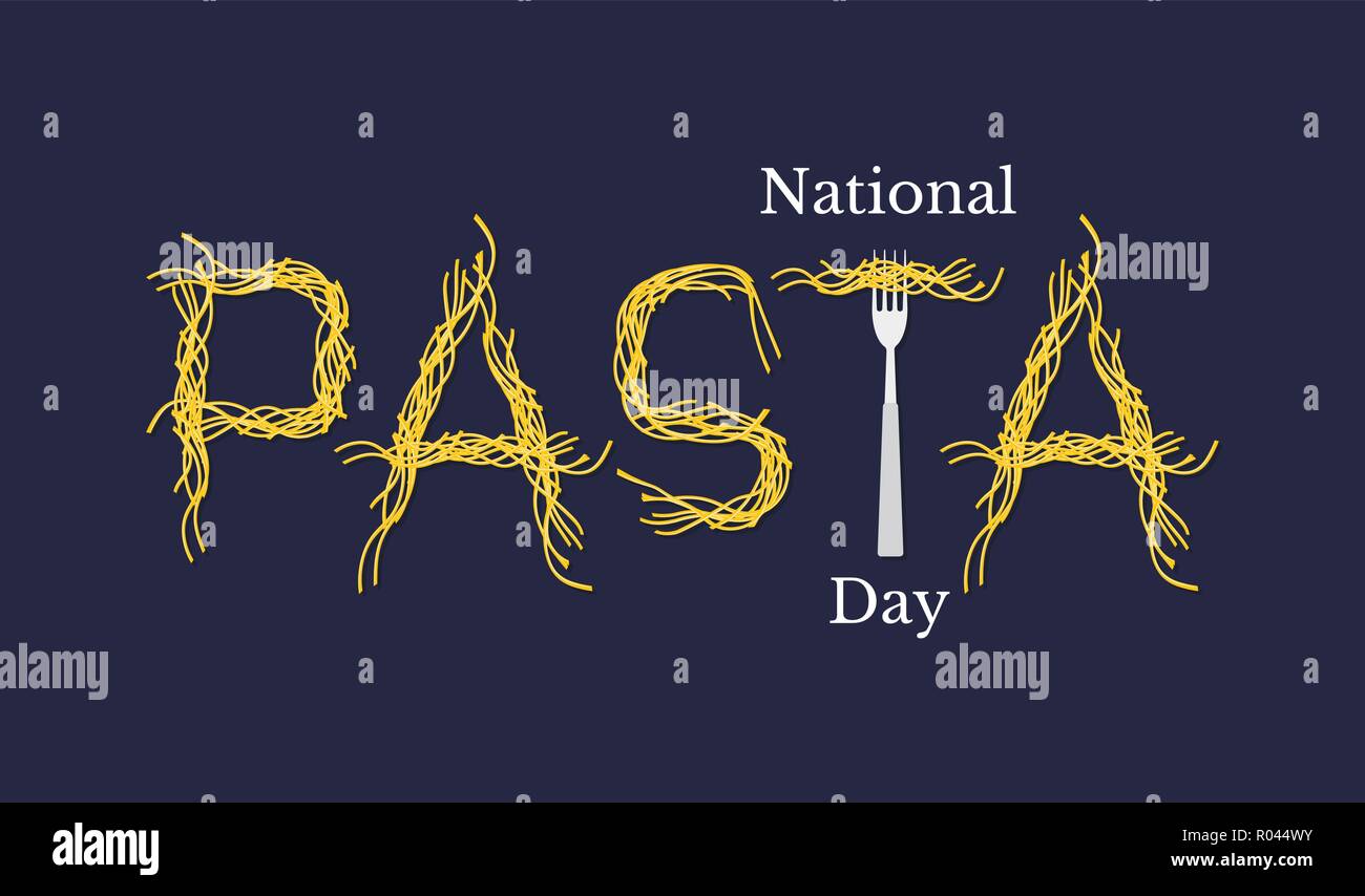 Pasta nazionale il giorno. Nome dell'evento. Parola di spaghetti - Pasta e la forcella. Illustrazione Vettoriale