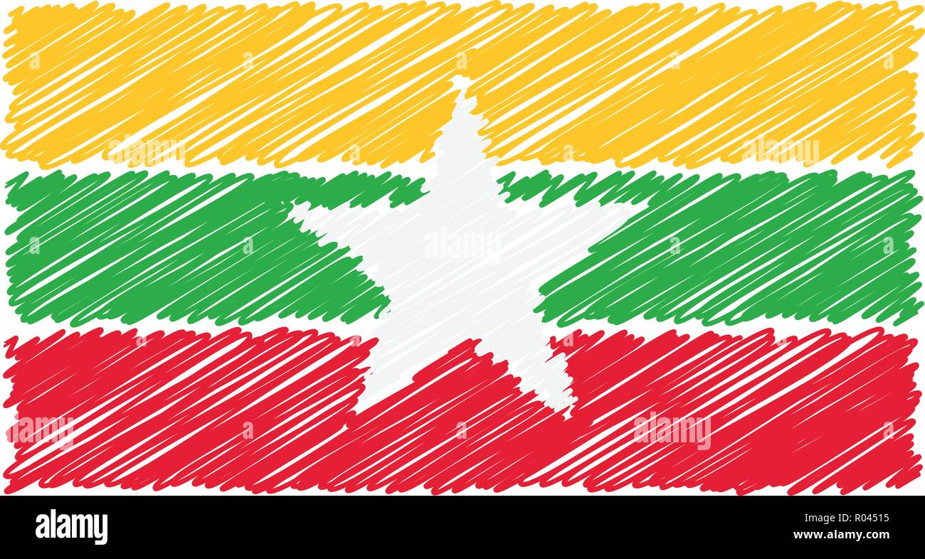 Disegnato a mano bandiera nazionale di Myanmar isolato su uno sfondo bianco. Disegno vettoriale illustrazione dello stile. Illustrazione Vettoriale