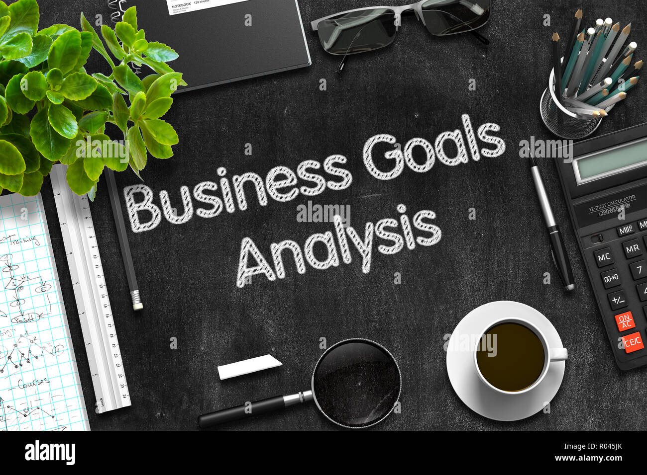 Obiettivi di business analisi sulla lavagna. Il rendering 3D. Foto Stock