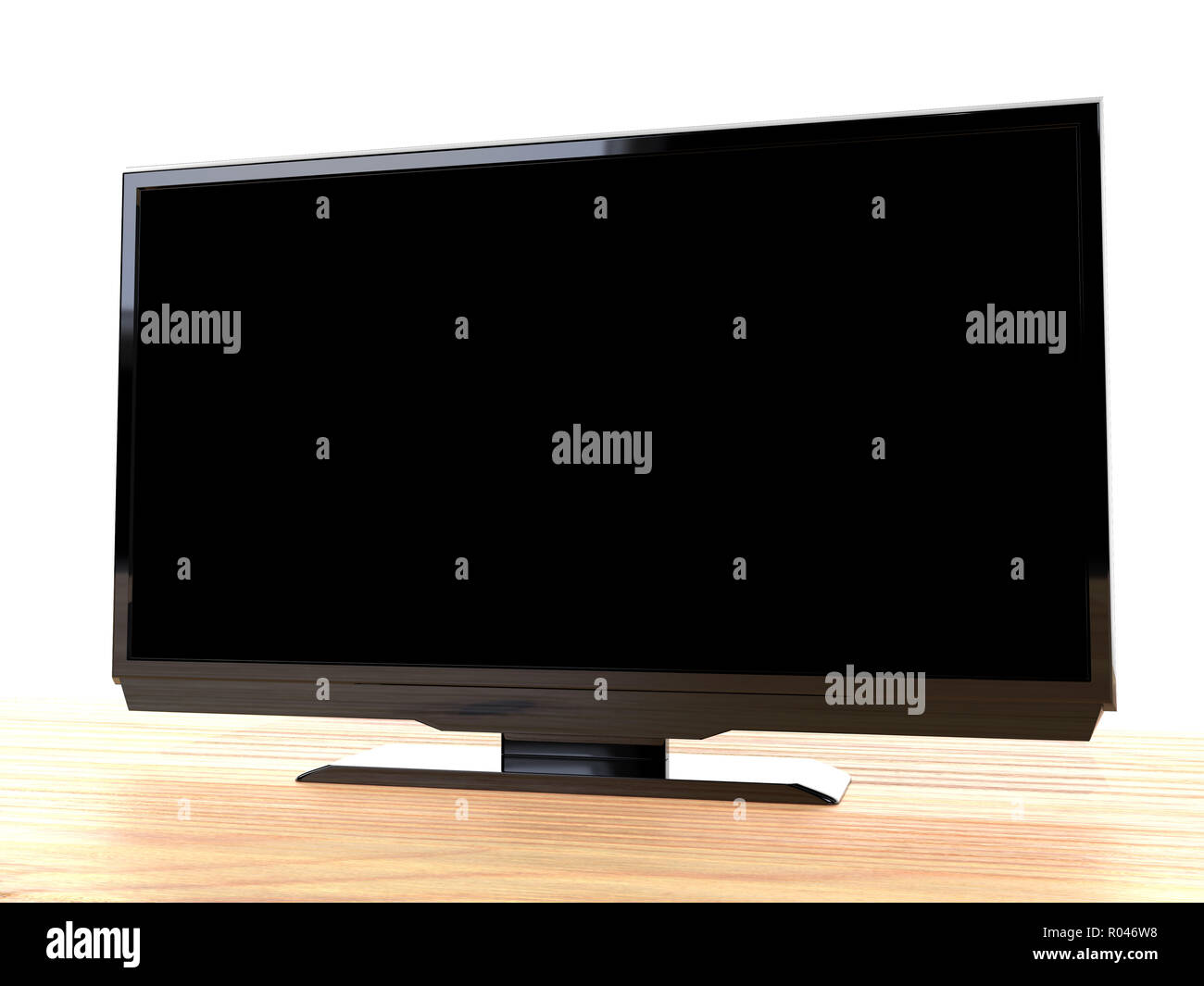 Moderno LED TV su un tavolo di legno. Il rendering 3D Foto Stock