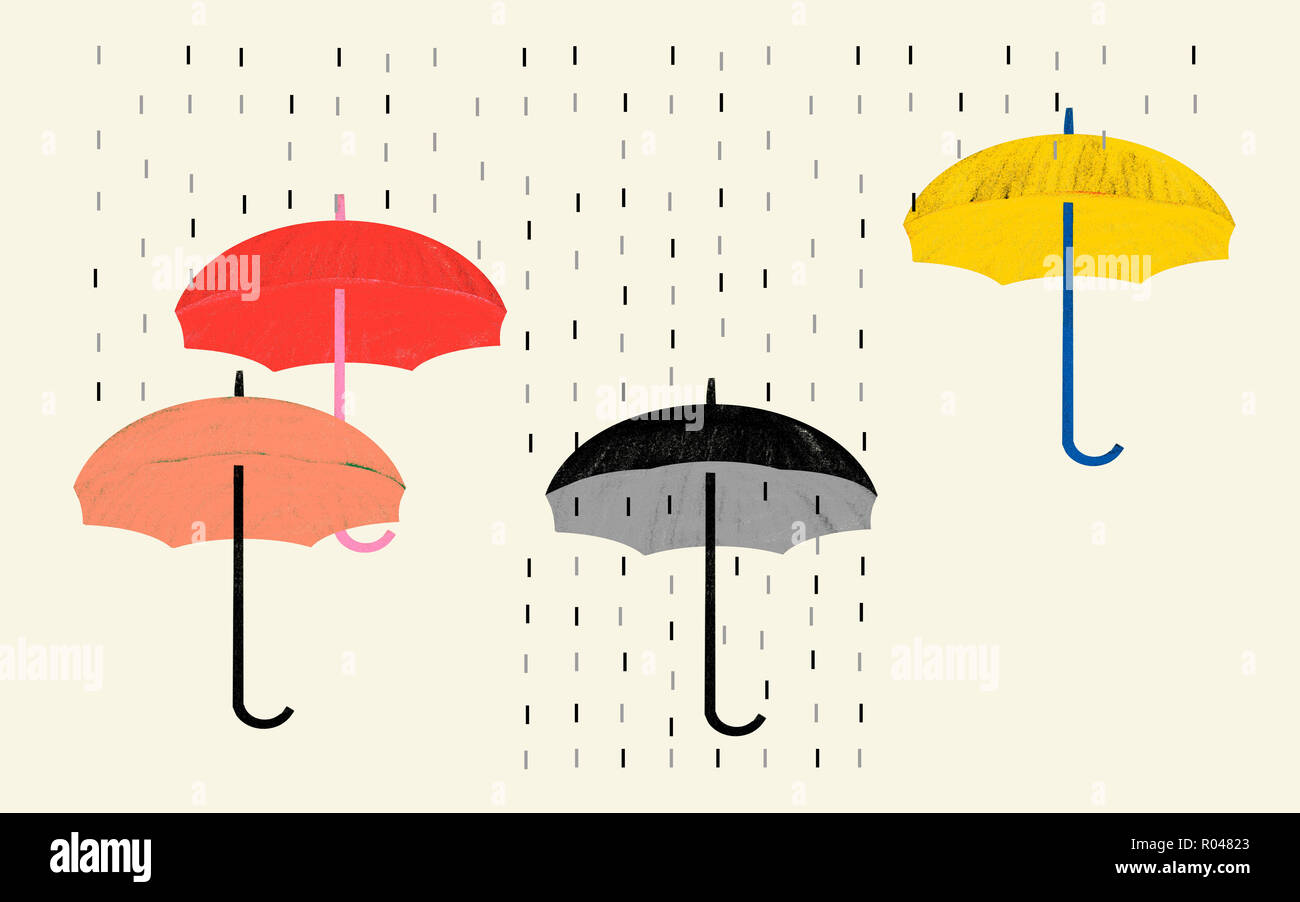 Il pessimismo atteggiamento e la visione negativa di situazioni. Illustrazione concettuale che mostra la pioggia e ombrello colorato e il bianco e il nero come una metafora visiva Foto Stock