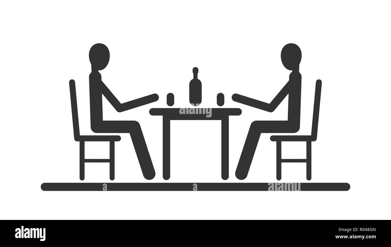Pittogramma due stick figura seduta al tavolo e bere bicchieri. Appartamento illustrazione vettoriale EPS,10. Illustrazione Vettoriale
