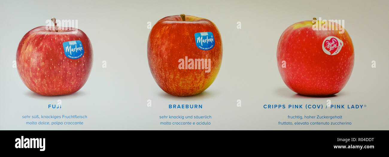 Mele varietà "elinda' isolato su sfondo bianco con la descrizione del nome della Apple. Apple paese Alto Adige. Mercato Orchard Foto Stock