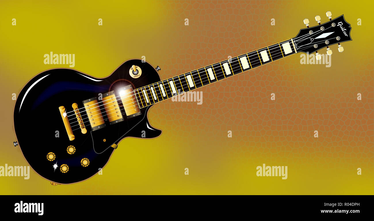 La definitiva rock and roll chitarra in nero, isolate su un oro e marrone di sfondo a nido d'ape. Foto Stock