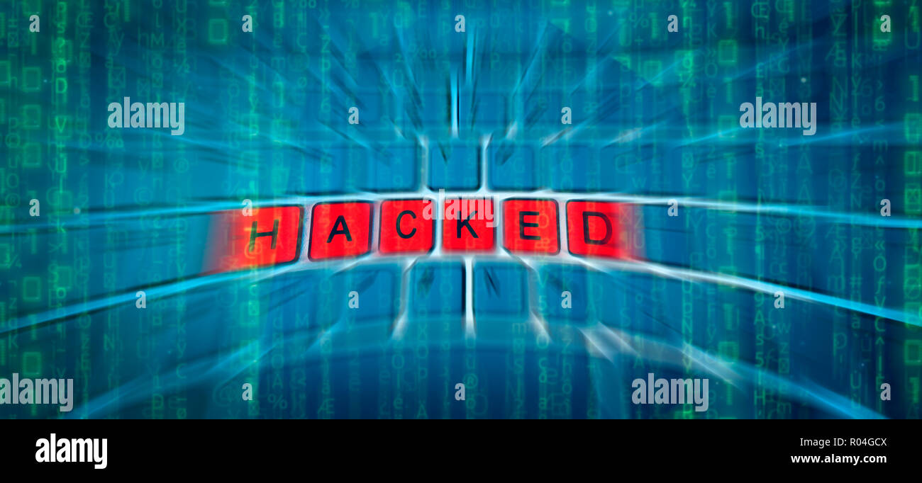 Red hacked chiave sullo sfondo della tastiera Foto Stock
