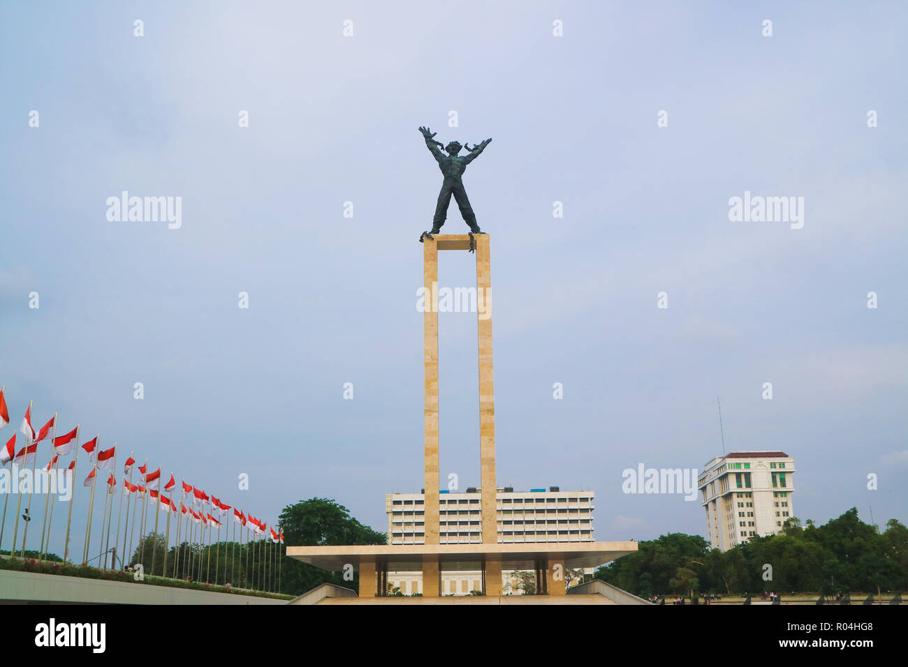 Una statua di West Irian liberazione a Bull di campo, centro di Jakarta, Indonesia Foto Stock