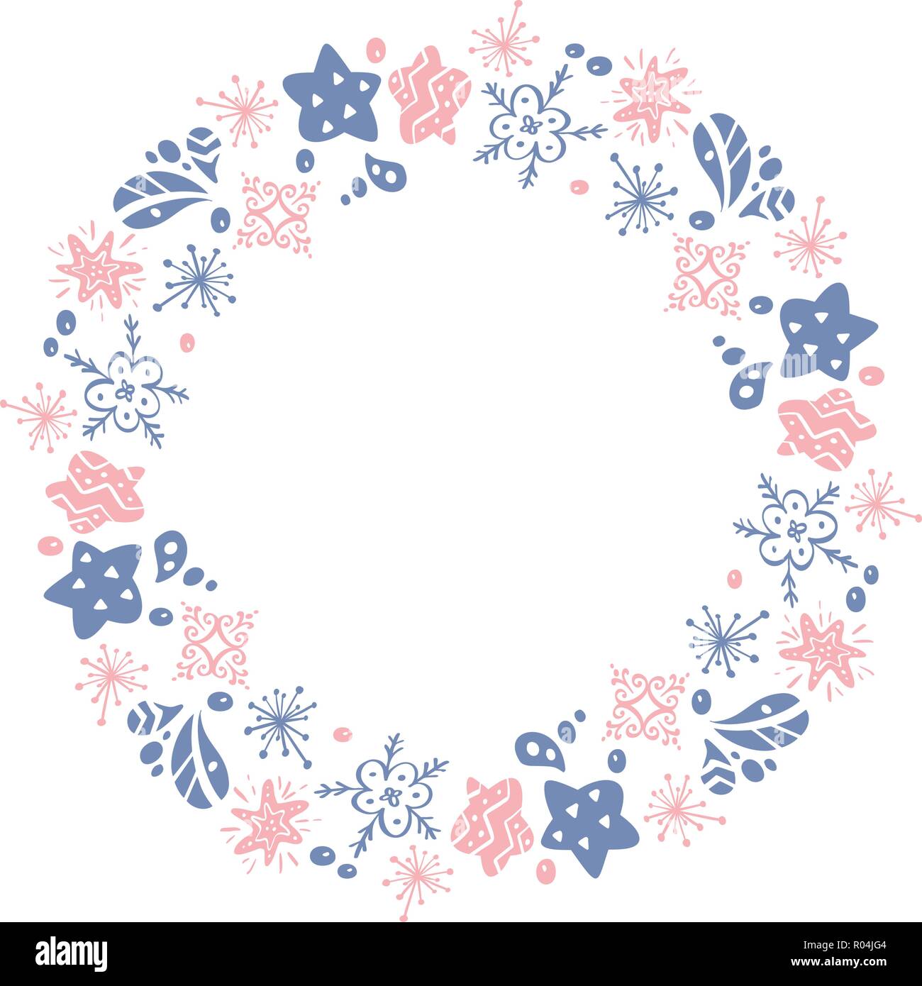 Natale disegnati a mano corona di fiori rosa e con motivi floreali blu Design inverno elementi isolati su sfondo bianco per il design retrò prosperare. La calligrafia del vettore e lettering illustrazione Illustrazione Vettoriale