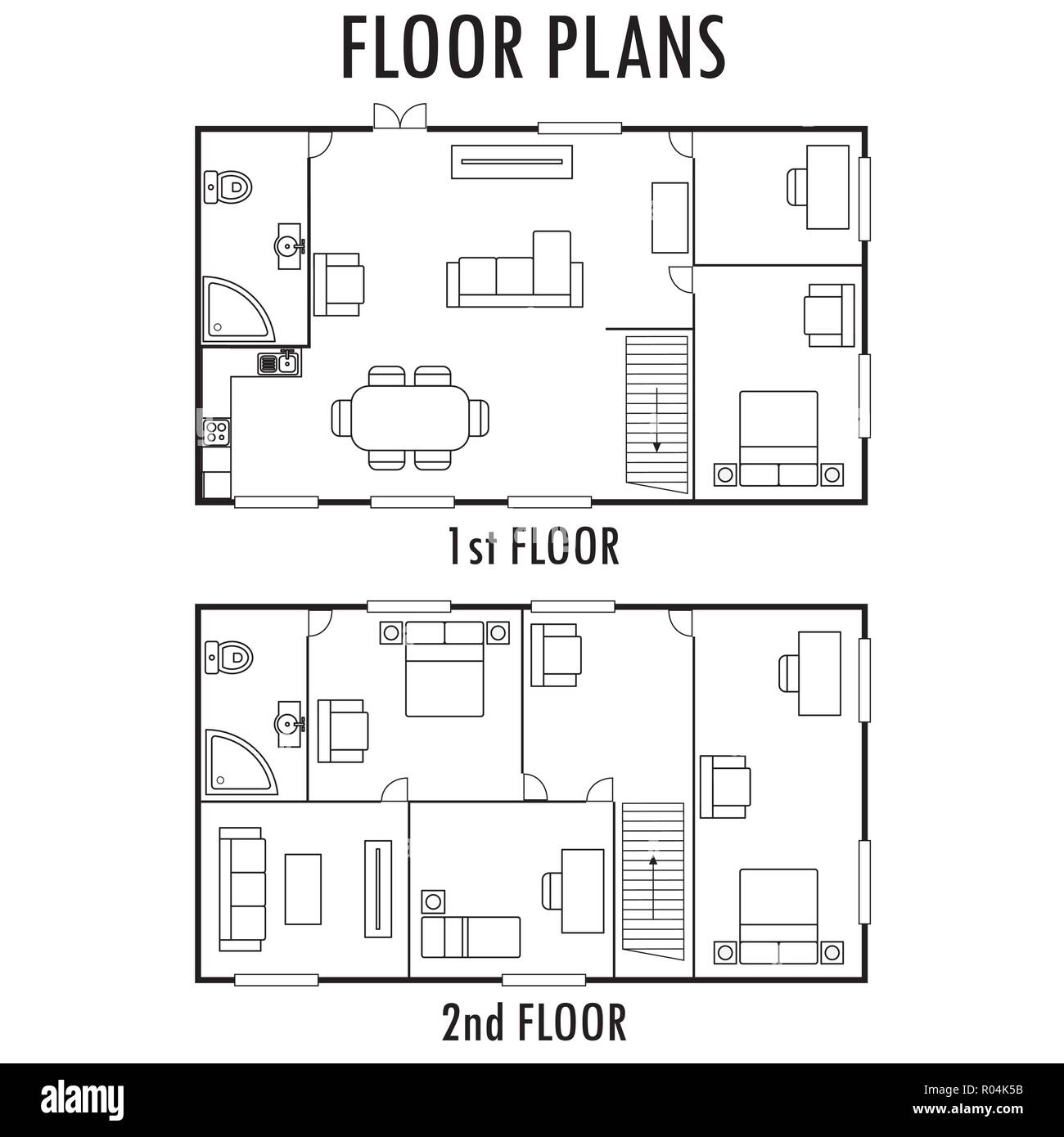 Piano di architettura con mobili. Casa primo e secondo piano piano, isolati su sfondo bianco,stock illustrazione vettoriale. Illustrazione Vettoriale