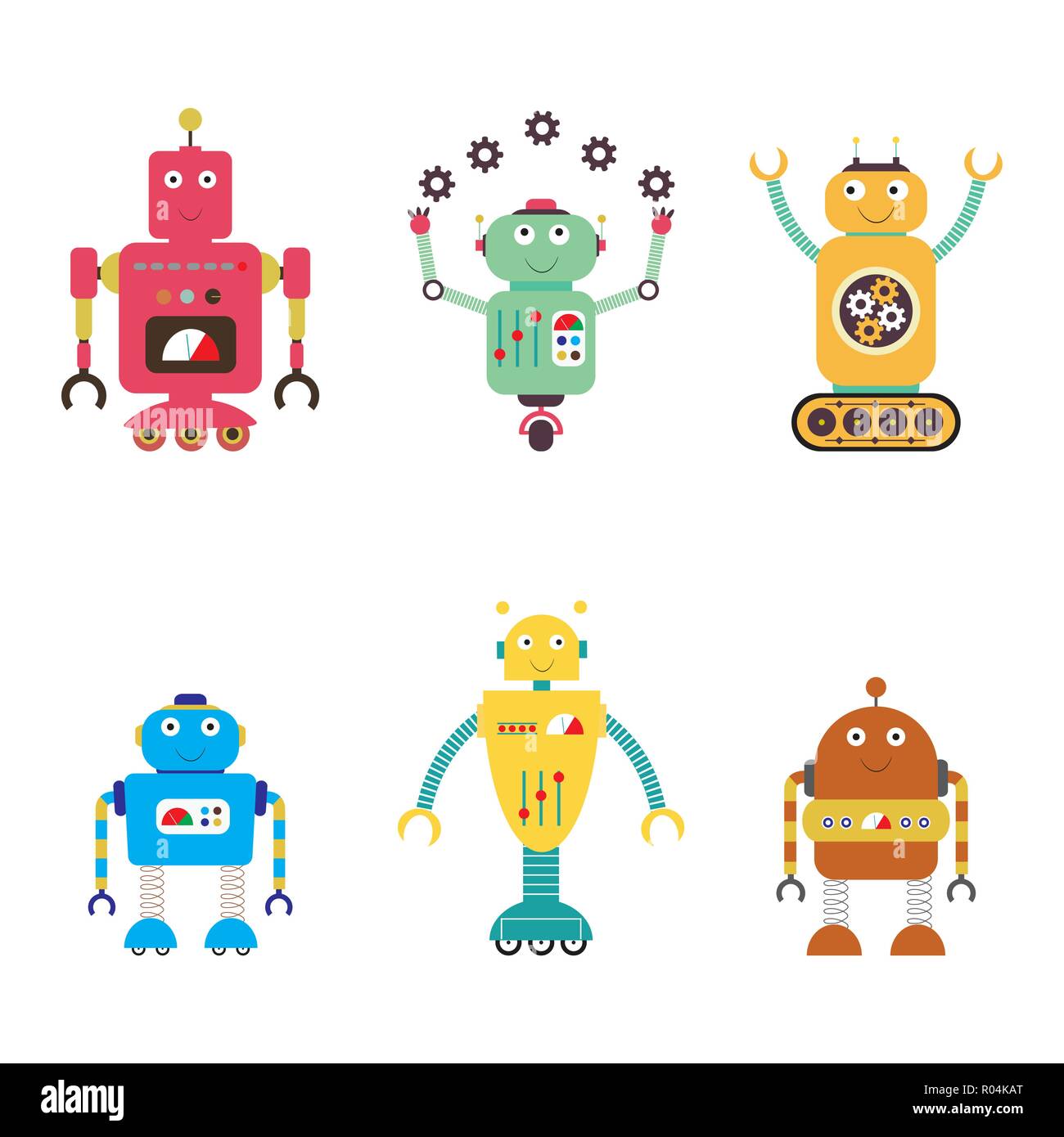 Collezione di robot. android isolati su sfondo bianco.Cartoon illustrazione vettoriale Illustrazione Vettoriale