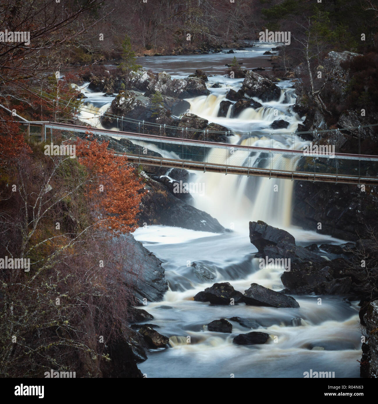 Acqua nera fiume nelle Highlands scozzesi - la zona di Rogie Cade vicino a Tarvie. Foto Stock