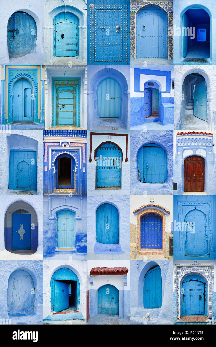 Montaggio di porte blu, Chefchaouen, Marocco Foto Stock