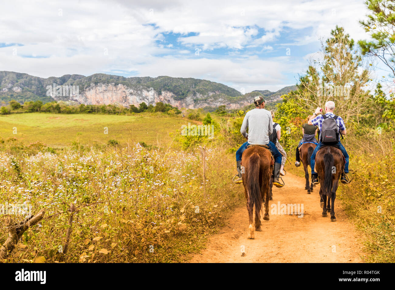 I turisti in un tour a cavallo in Vinales Parco Nazionale, sito Patrimonio Mondiale dell'UNESCO, il Vinales Valley, Vinales, Cuba, West Indies, dei Caraibi e America centrale Foto Stock