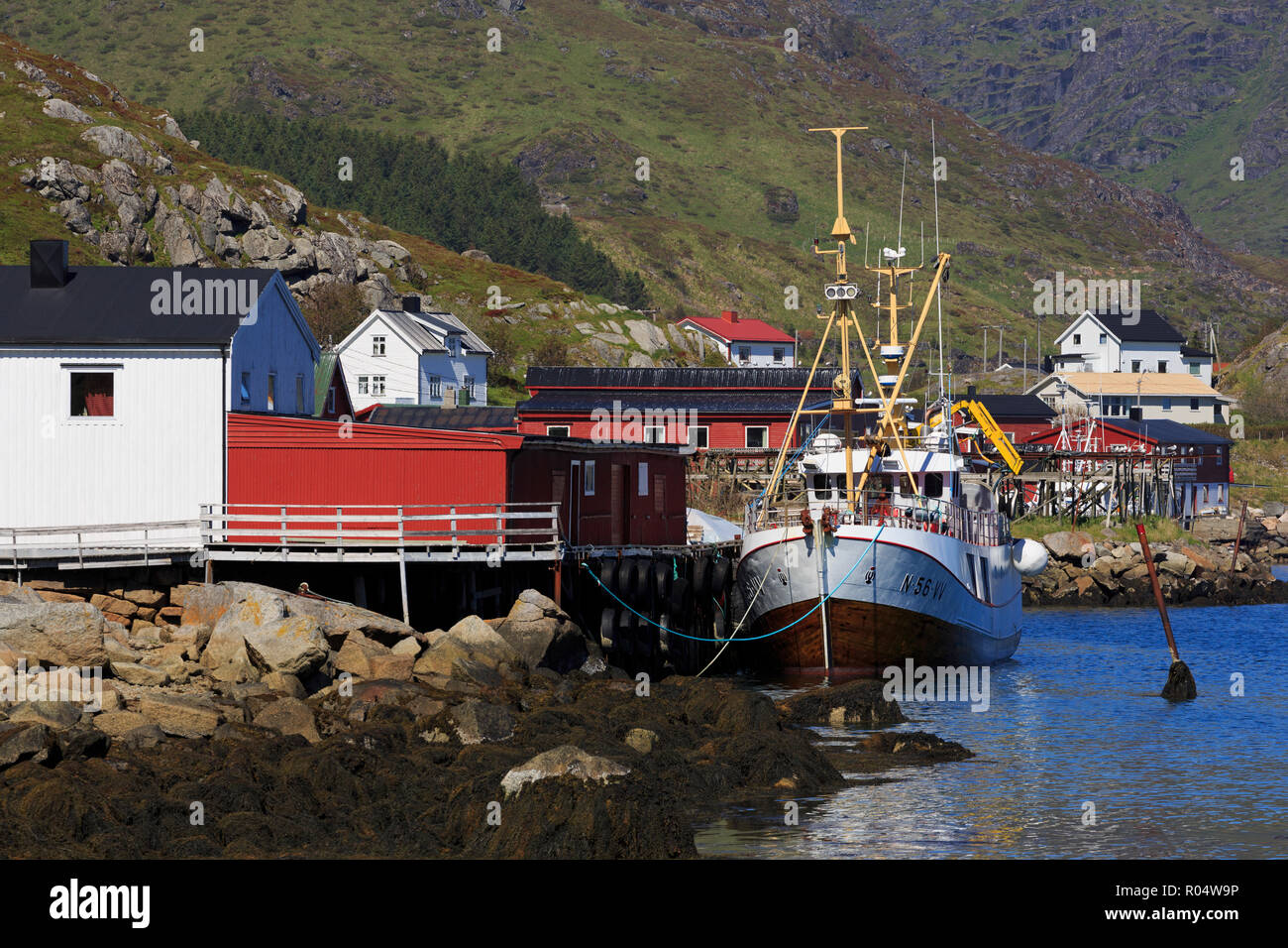 Fabbrica di pesce, Ballstad Villaggio di Pescatori, Isole Lofoten, Nordland County, artiche, Norvegia, Scandinavia, Europa Foto Stock