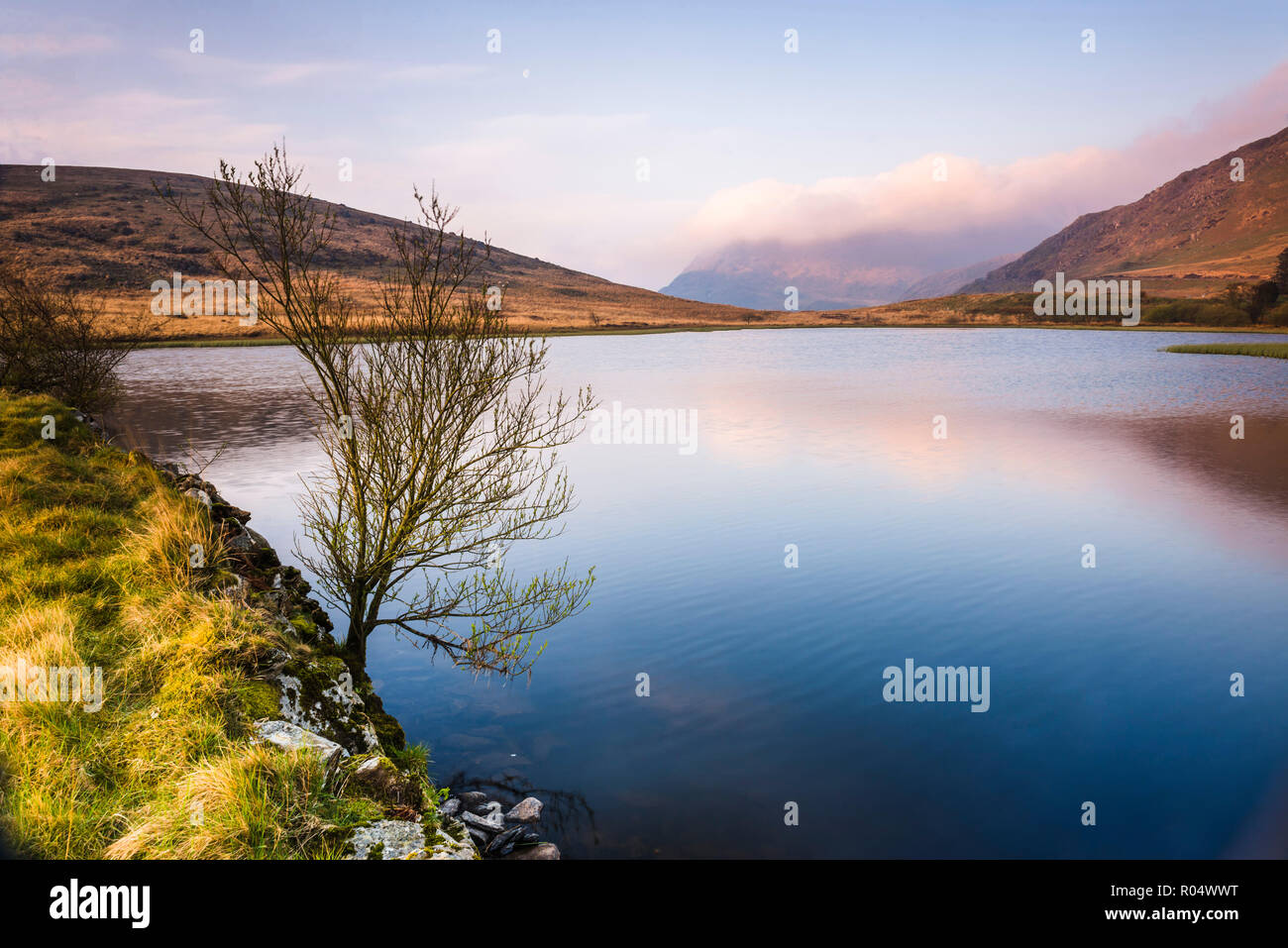 Lago di sunrise vicino ai piedi di Snowdon, Snowdonia National Park, il Galles del Nord, Regno Unito, Europa Foto Stock