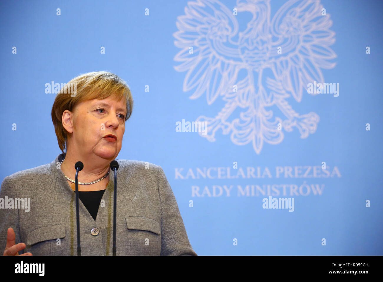 Varsavia, Polonia, 2 Novembre 2018: il primo ministro Mateusz Morawiecki terrà conferenza stampa congiunta con il Cancelliere Merkel dopo il governo Polish-German consultazioni. ©Jake Ratz/Alamy Live News Foto Stock