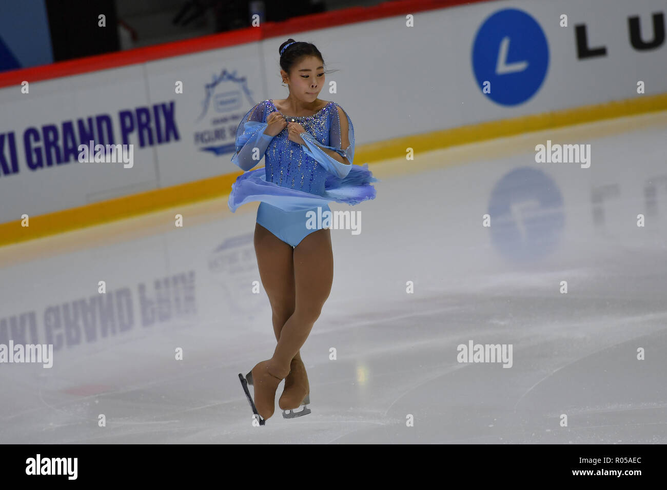 Helsinki, Finlandia. 2 Nov 2018. Hanul Kim (KOR) durante in signore breve programma del GP ISU di Pattinaggio di Figura Helsinki 2018 a Helsinki sala ghiaccio (Helsingin Jaahalli) Venerdì, 02 novembre 2018. HELSINKI . (Solo uso editoriale, è richiesta una licenza per uso commerciale. Nessun uso in scommesse, giochi o un singolo giocatore/club/league pubblicazioni.) Credito: Taka Wu/Alamy Live News Foto Stock