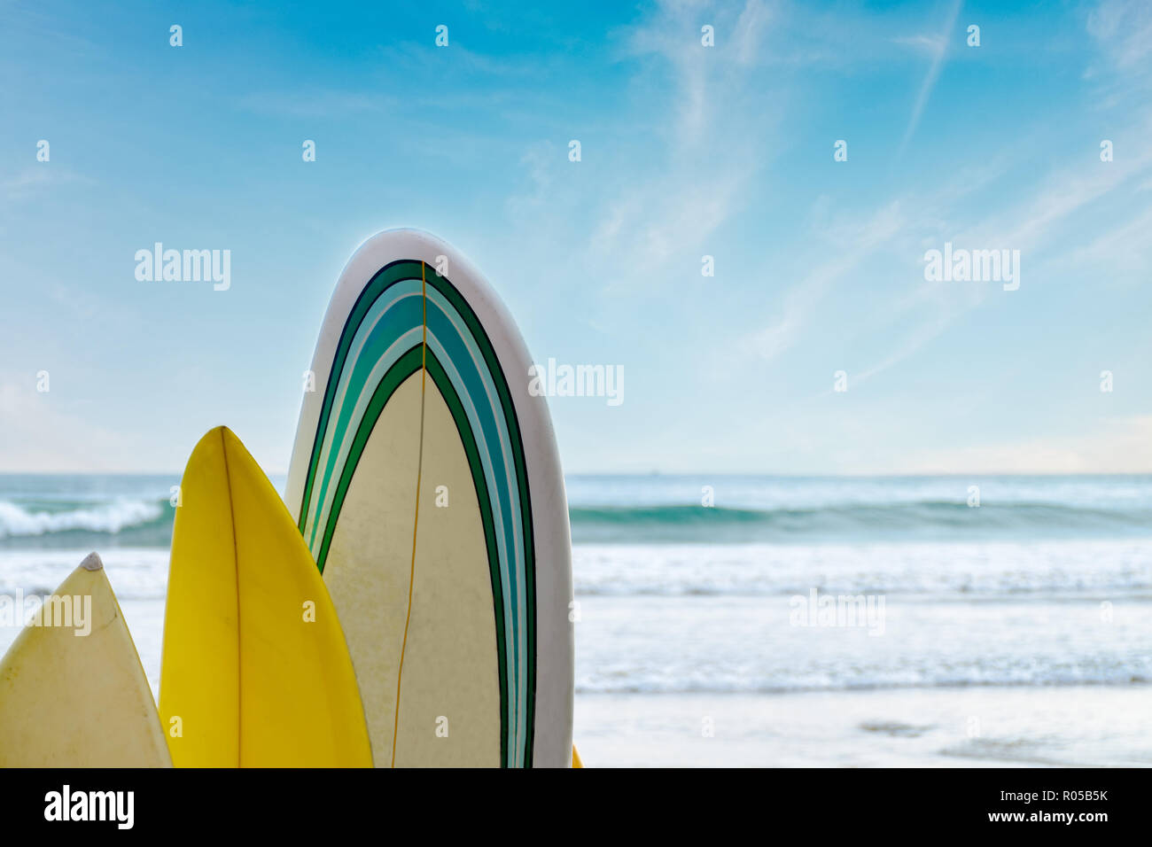 Tavole da surf stand in una fila contro le onde e il cielo blu, il concetto di tempo libero, sports lifestyle, fuggire dal trambusto della città. Luogo vuoto per il testo. Foto Stock