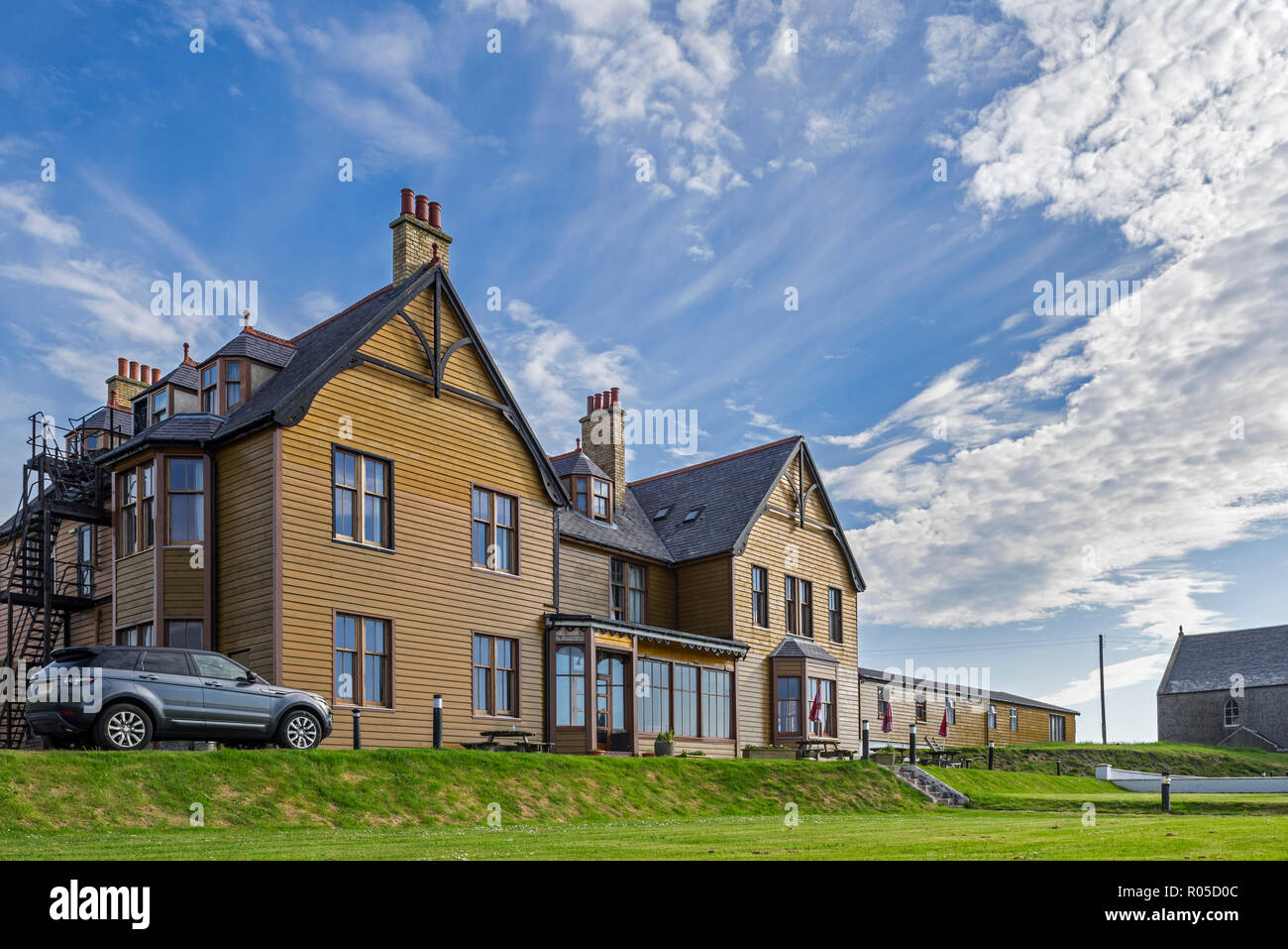 St Magnus Bay Hotel nel villaggio costiero, Hillswick Northmavine, Continentale, le isole Shetland, Scotland, Regno Unito Foto Stock