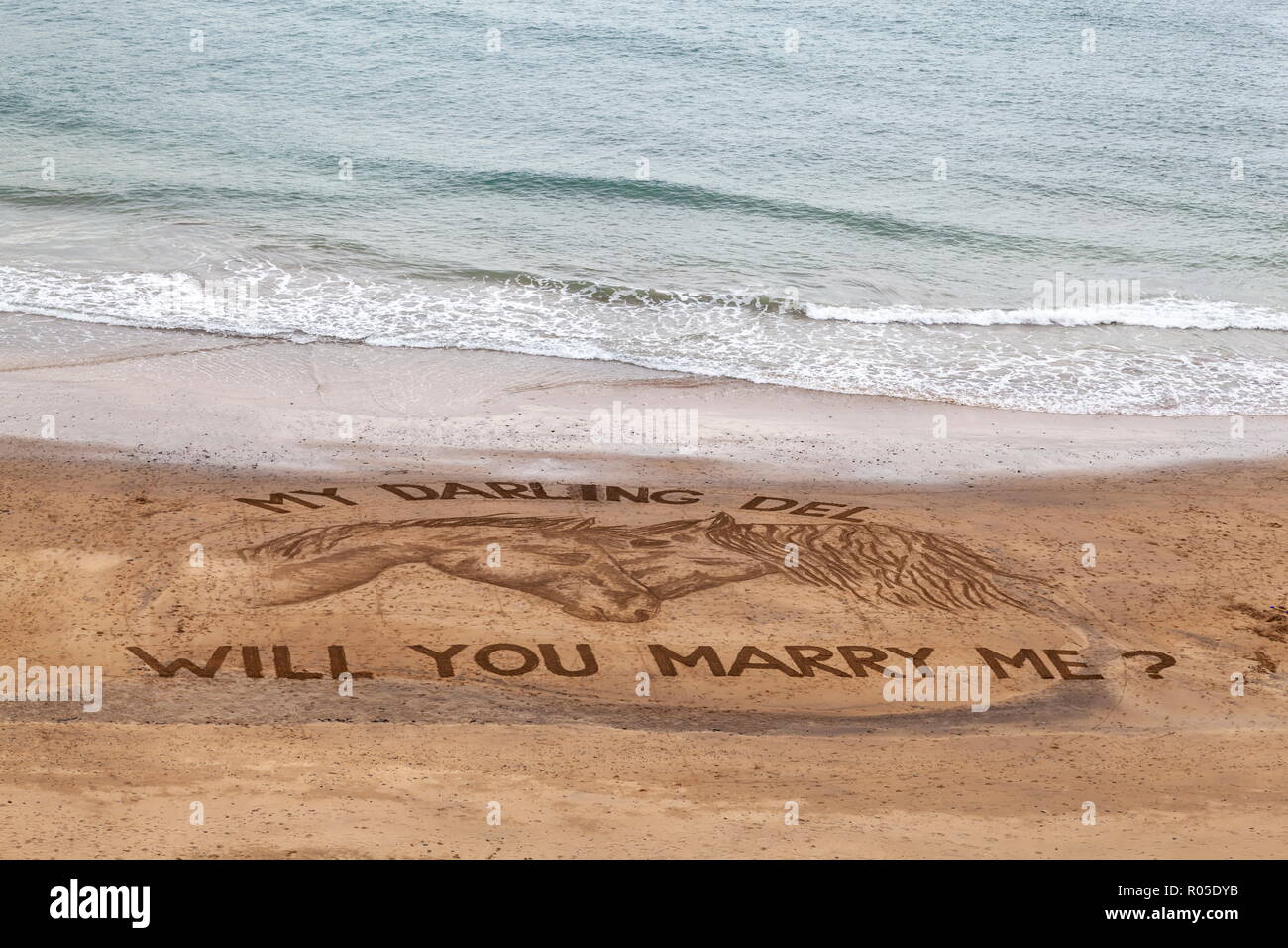 Sand art di due teste di cavalli con una proposta di matrimonio sono incisi nella sabbia sulla spiaggia Mwnt, Ceredigion Foto Stock