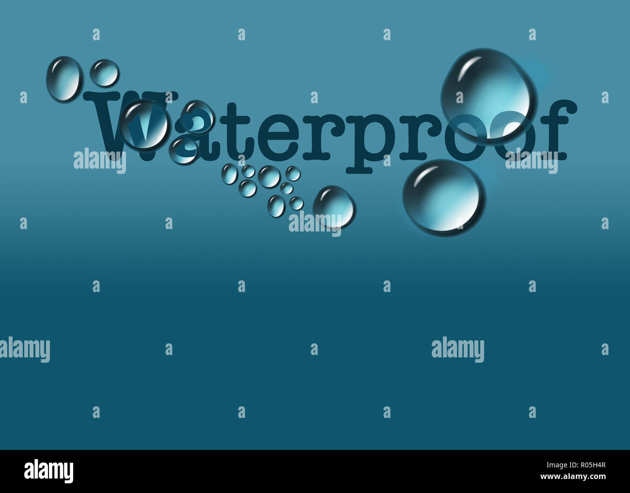 La parola "impermeabile" è punteggiata con perle d'acqua, gocce d'acqua in questa illustrazione in blu. Area di testo è incluso intorno all'immagine. Foto Stock