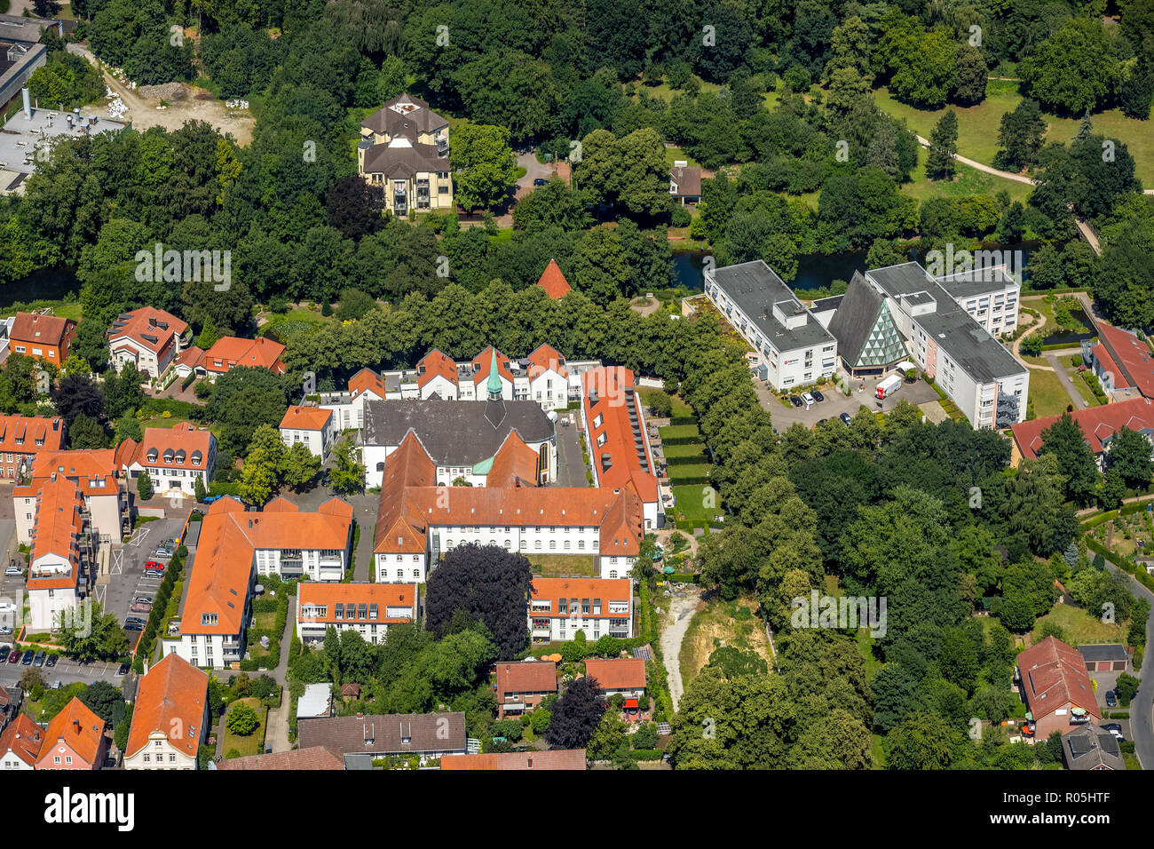 Vista aerea, West stato prussiano Museum, Maltese Marienheim, Padre Markötter promenade, Ems, Warendorf, Münsterland, Renania settentrionale-Vestfalia, Germania, Foto Stock