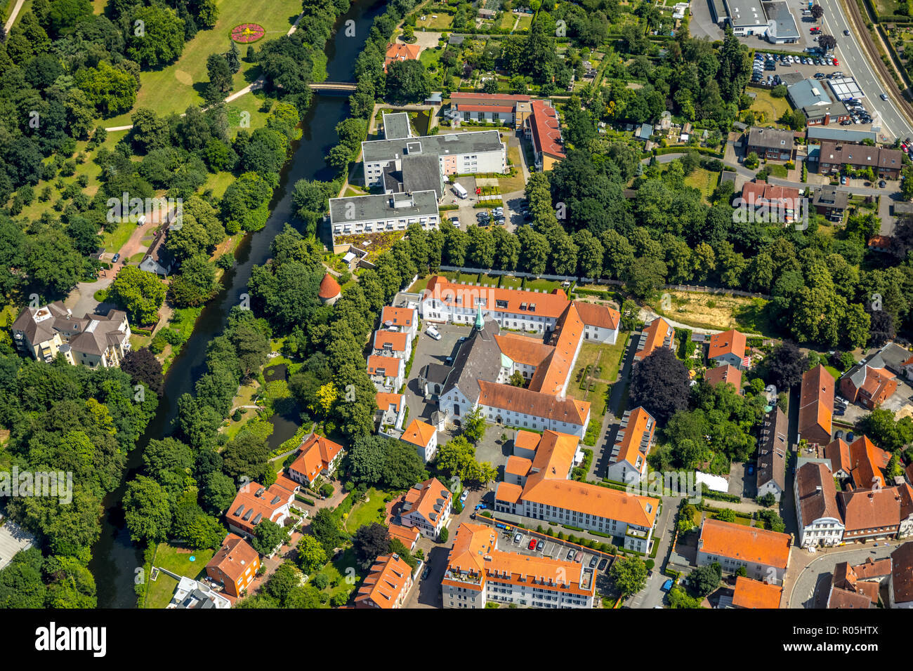 Vista aerea, West stato prussiano Museum, Maltese Marienheim, Padre Markötter Promenade, Ems, Warendorf, Münsterland, Renania settentrionale-Vestfalia, Germania, Foto Stock