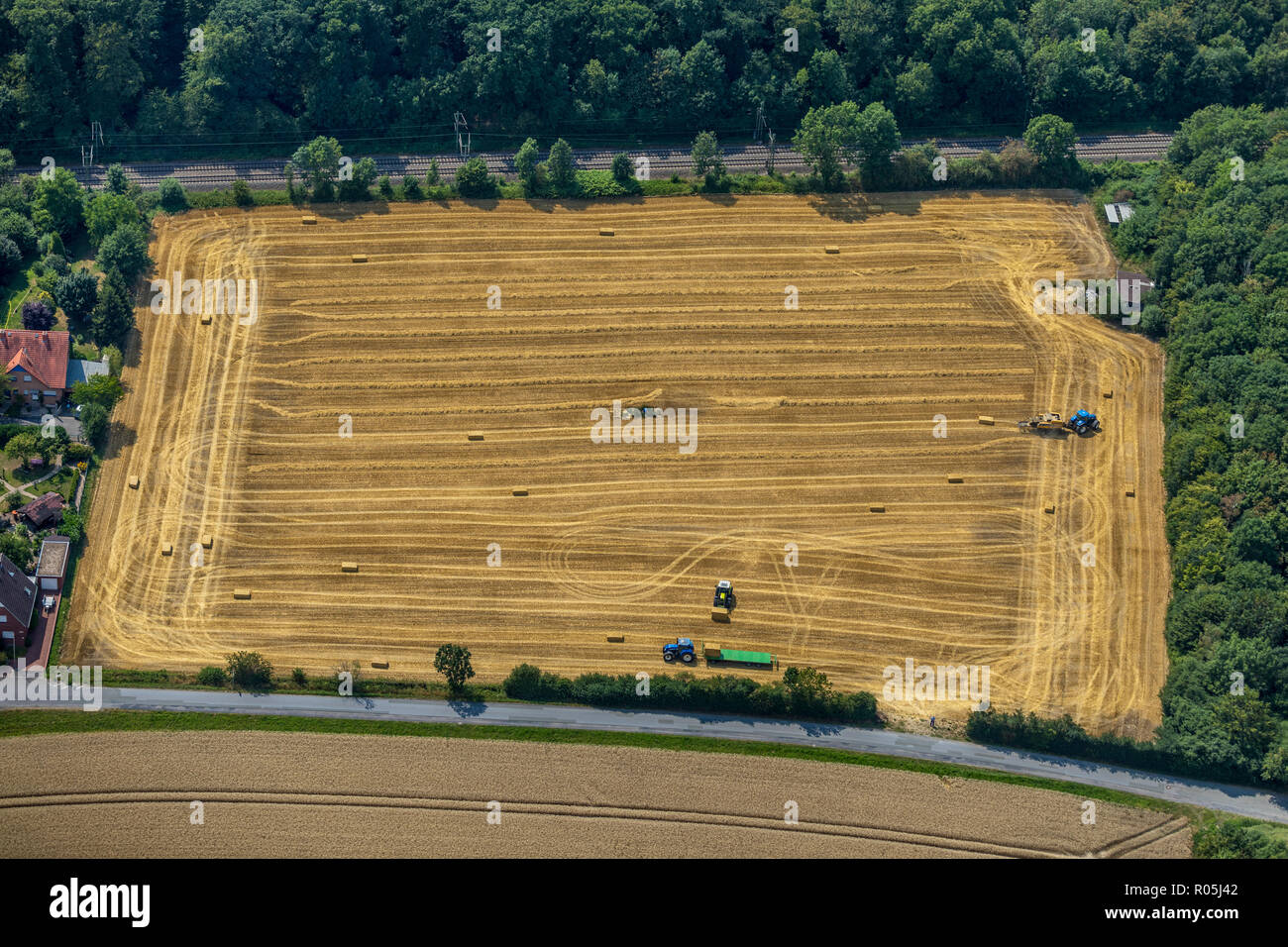 Vista aerea, campo a Drensteinfurt, trattori presso la paglia raccolto sulla B58, Drensteinfurt, Münsterland, Renania settentrionale-Vestfalia, Germania, Europa, DE Foto Stock