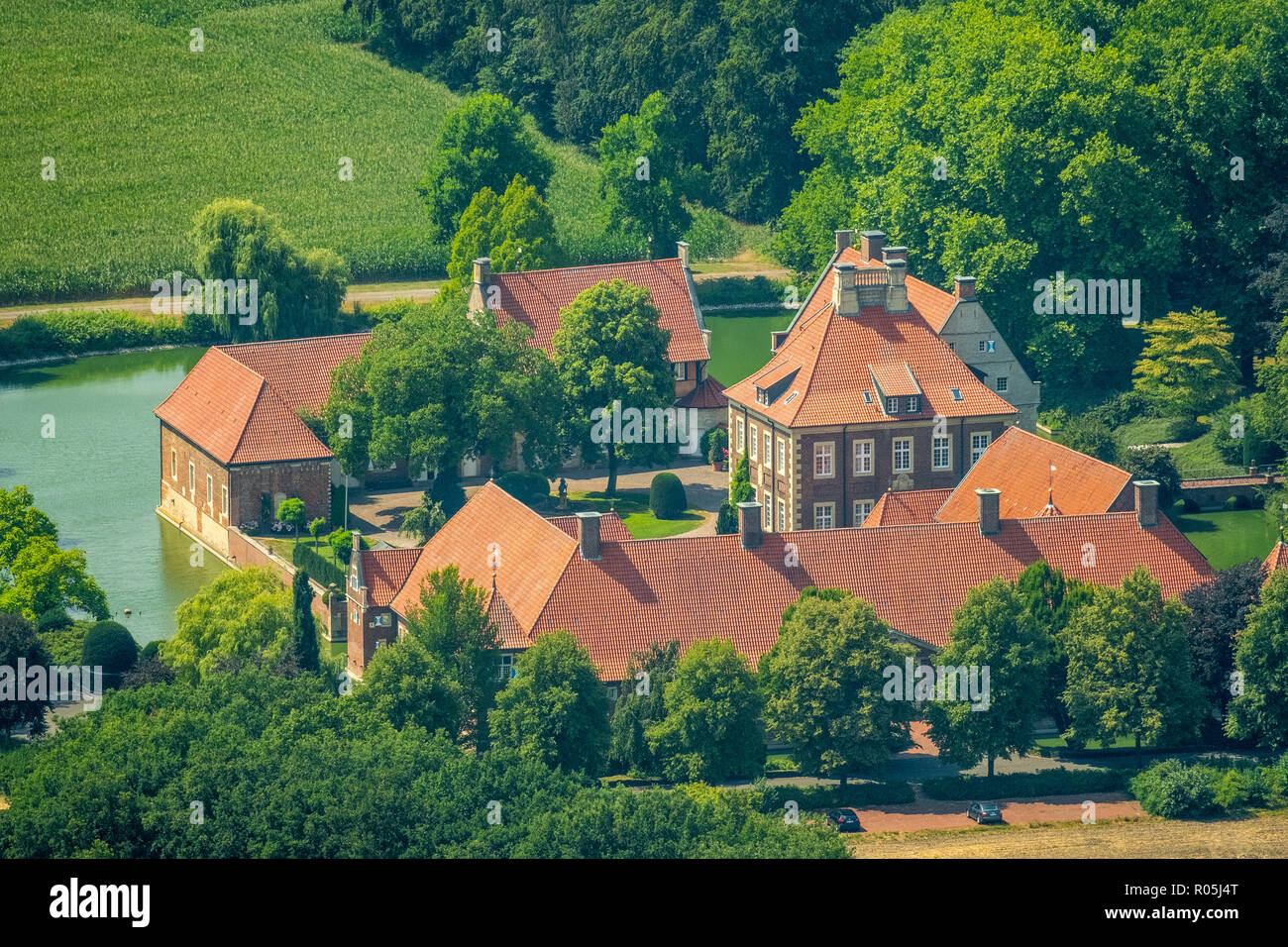 Vista aerea, casa di villaggio Götten Rinkerode, Mansion, Drensteinfurt, Muensterland, Renania settentrionale-Vestfalia, Germania, Europa, DEU, uccelli-occhi vista, aeri Foto Stock