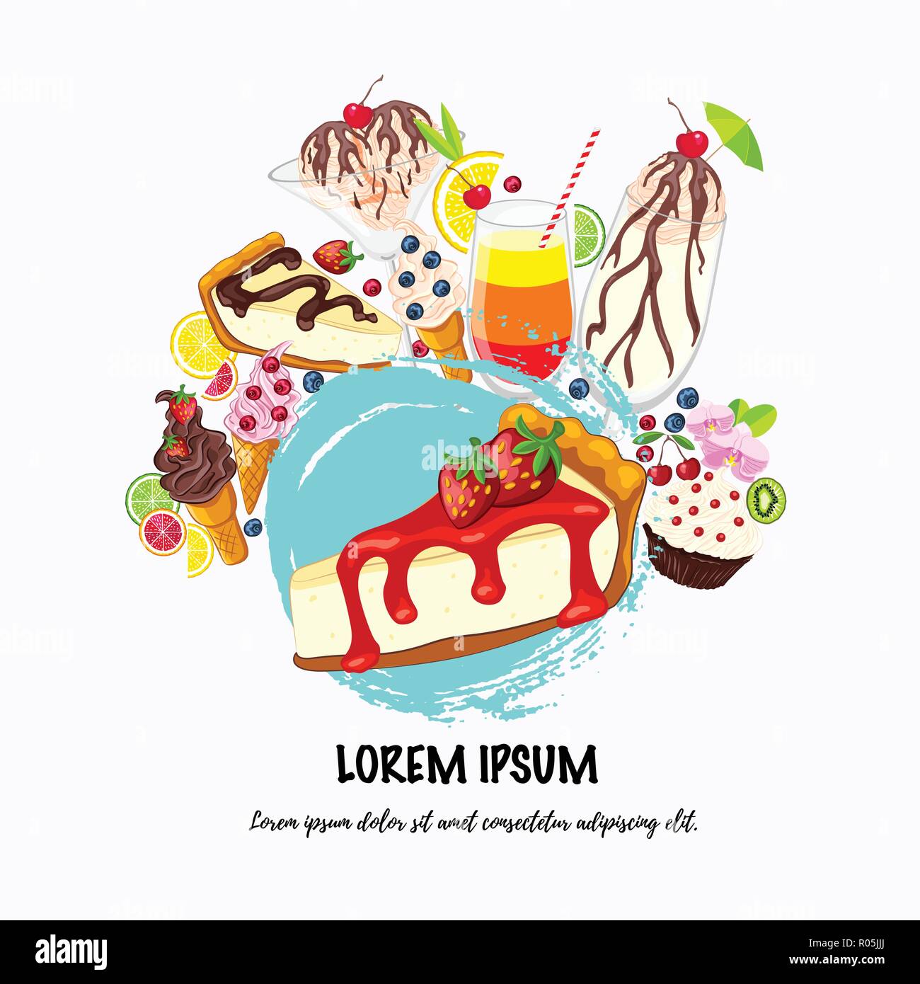 Stile Cartoon vector dolci design con Strawberry Cheesecake su uno sfondo bianco, posto per il testo Illustrazione Vettoriale