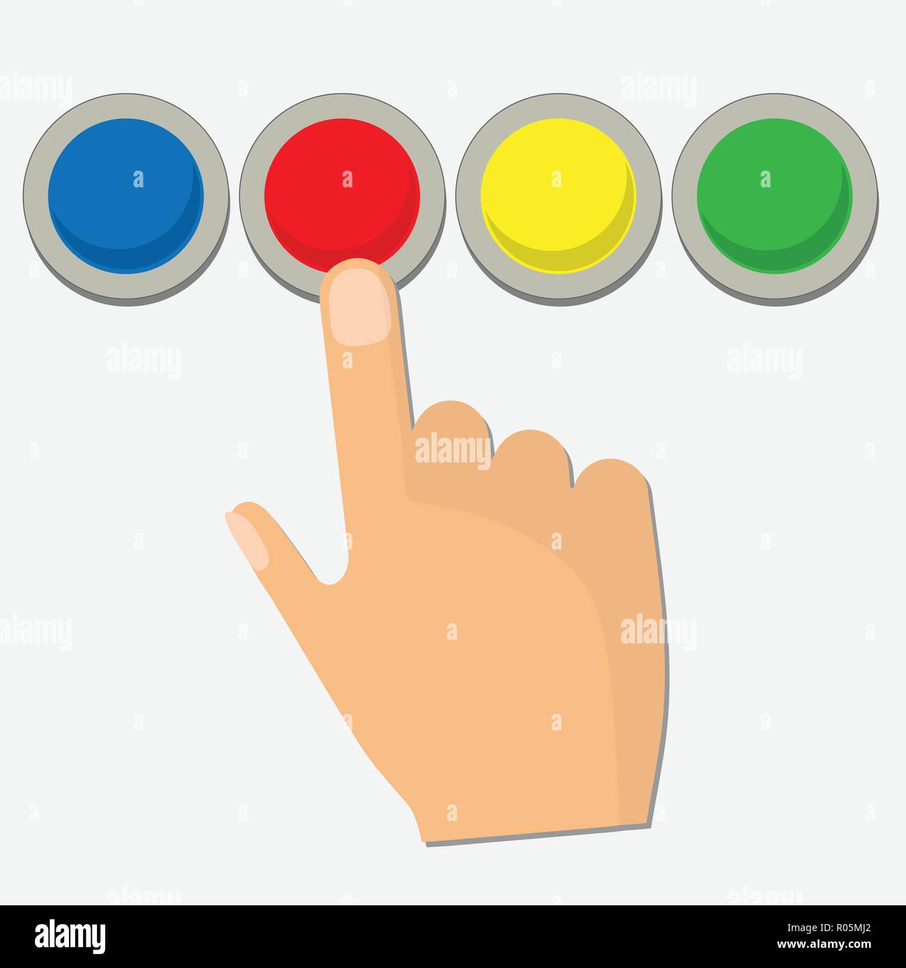 Mano umana premendo un pulsante rosso, vettore concettuale Illustrazione Vettoriale