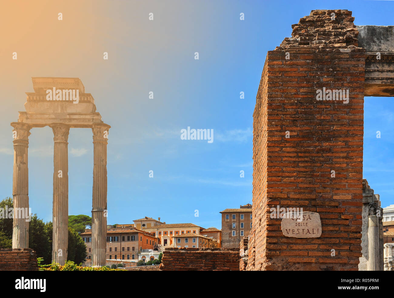 Vista sul Tempio di Venere Genitrice e il frammento della Vestale House presso il Foro Romano Foto Stock