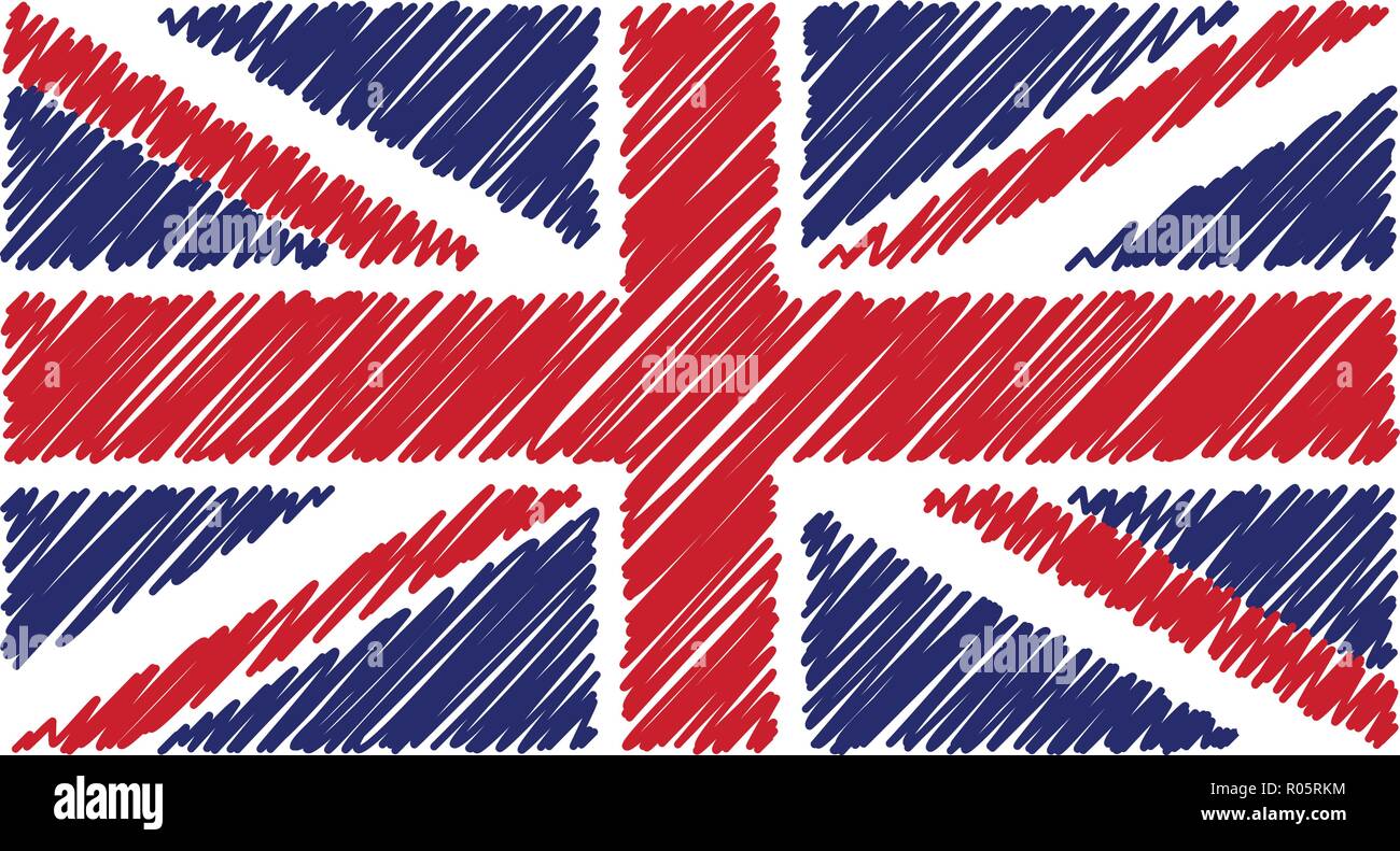 Disegnato a mano bandiera nazionale del Regno Unito isolato su uno sfondo bianco. Disegno vettoriale illustrazione dello stile. Illustrazione Vettoriale