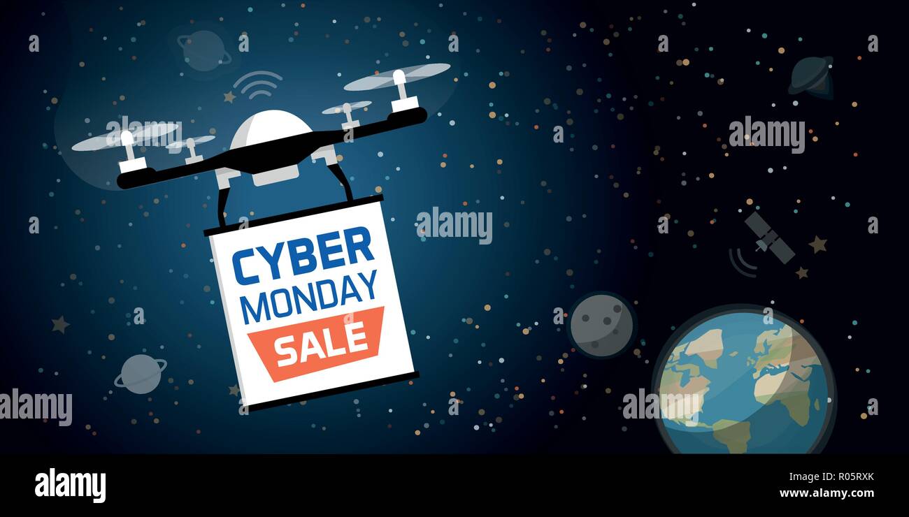 Drone portante un cyber lunedì banner pubblicitario nello spazio interstellare Illustrazione Vettoriale