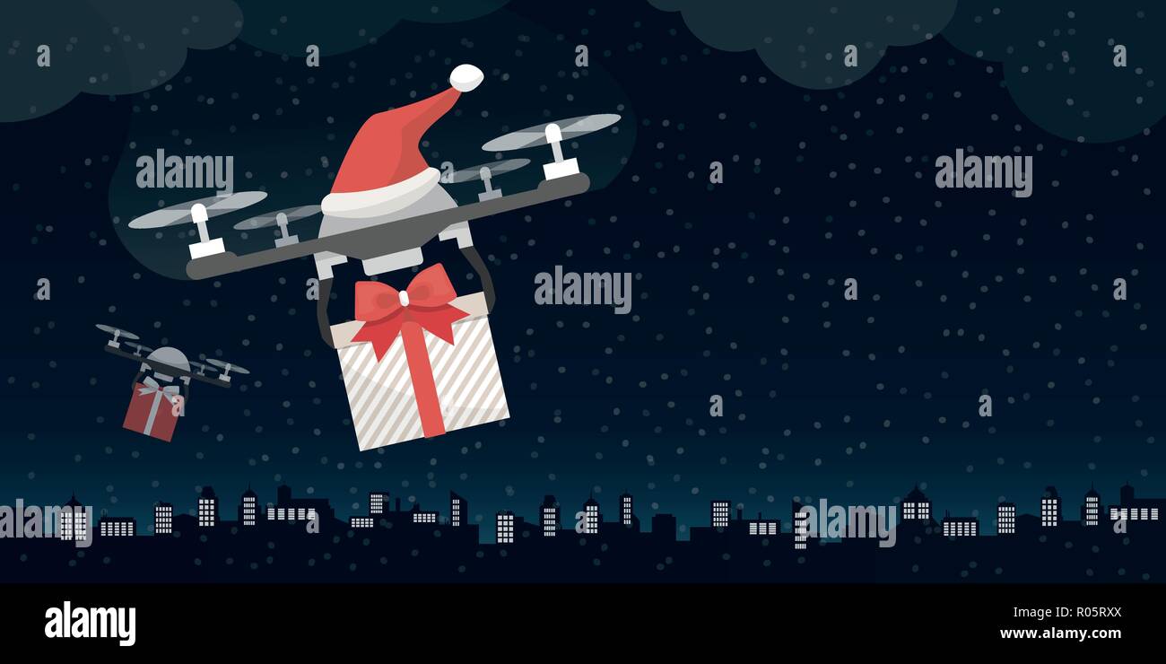 Santa's fuchi portando doni alla vigilia di Natale in città Illustrazione Vettoriale