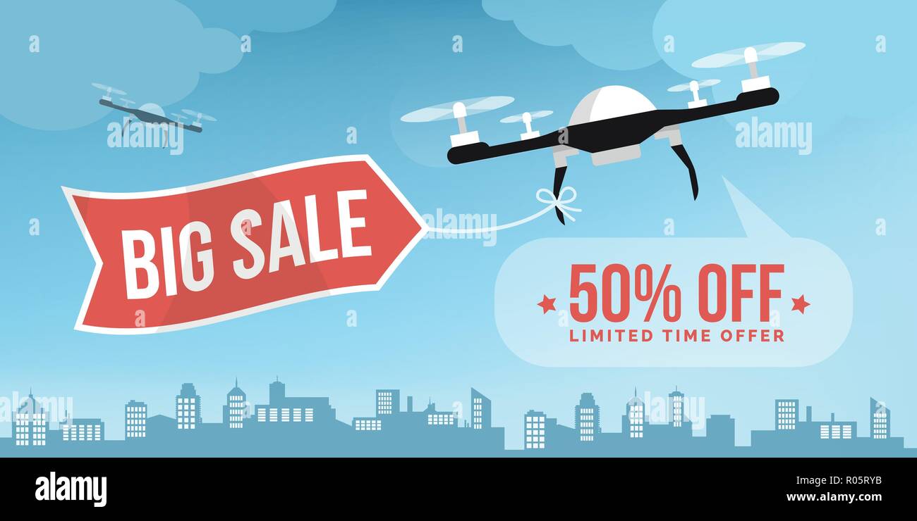Drone portante un carrello vendita banner pubblicitario nella città di sky Illustrazione Vettoriale